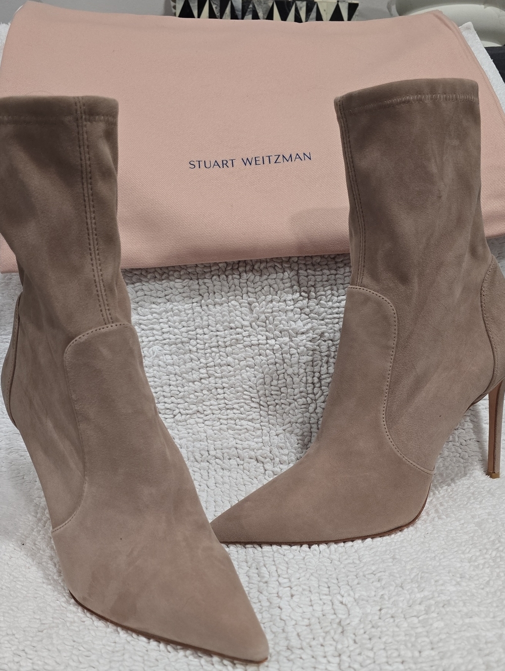 Stuart Weitzman Taupe Suede Pointed-Toe Stiletto Booties
